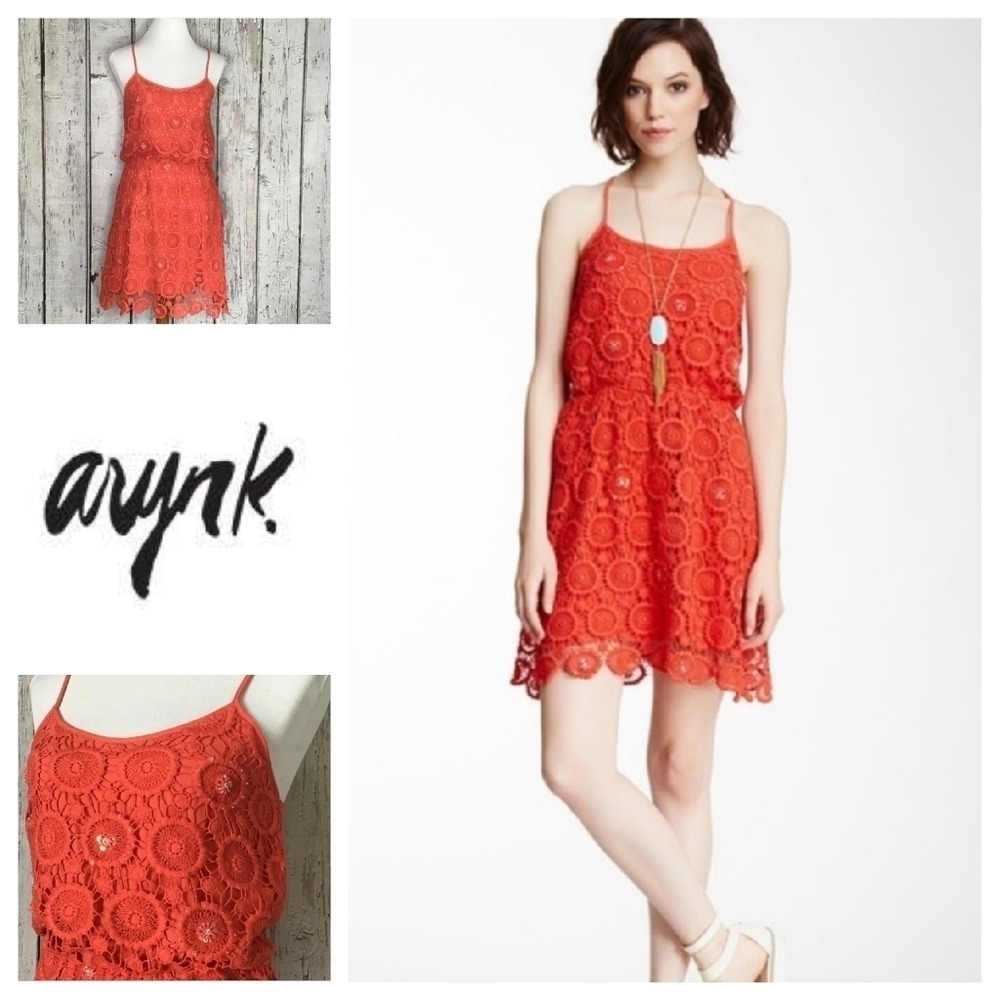 ARYNK Orange Crochet‎ Lace Mini Dress Spaghetti Straps Elastic Waist Size M